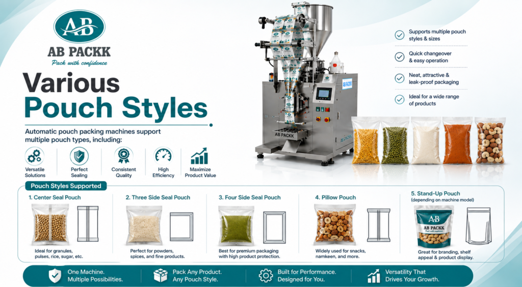 Various Pouch Styles Automatic pouch packing machines support multiple pouch types, including: Center Seal Pouch Three Side Seal Pouch Four Side Seal Pouch Pillow Pouch Stand-Up Pouch (depending on machine model)